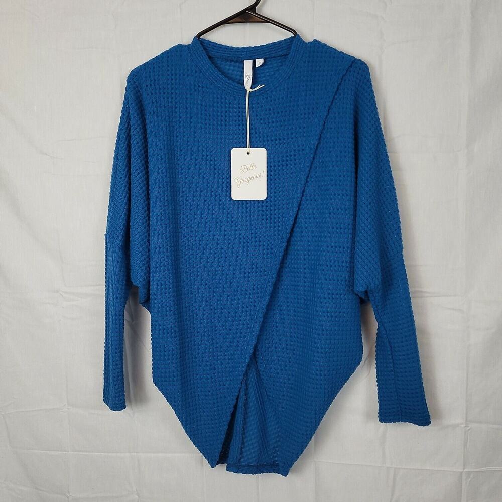 Elan Womens Blue Long Sleeve Crew Neck Pullover Wrap Basic Top Size Small